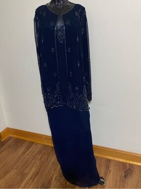 Elegant 2pc. Beaded Navy Evening Gown with Jacket. Item# TSeg1